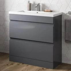 800mm Bathroom Vanity Unit Basin 2 Drawer Cabinet Unit Gloss Grey -Comfort Bathroom Store 10405528 3