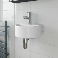 Cloakroom Wall Hung Basin Sink Hand Wash Round 1 Tap Hole White Modern Bathroom