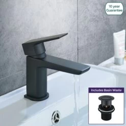Astra Modern Matte Black Cloakroom Basin Single Lever Tap + Waste