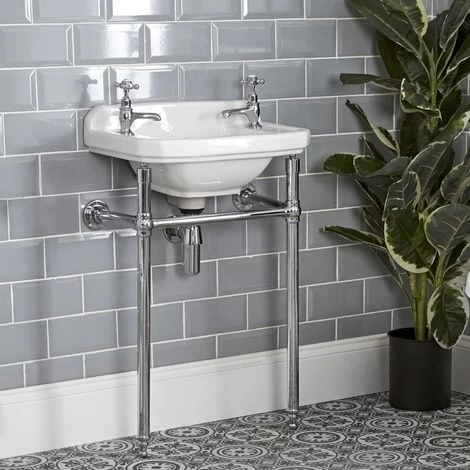 Milano Richmond - Traditional White Ceramic Bathroom Cloakroom Basin Sink And Washstand With Two Tap Holes And Integral Towel Rail - 515mm X 300mm 4 Milano Richmond - Traditional White Ceramic Bathroom Cloakroom Basin Sink And Washstand With Two Tap Holes And Integral Towel Rail - 515mm X 300mm - Image 2