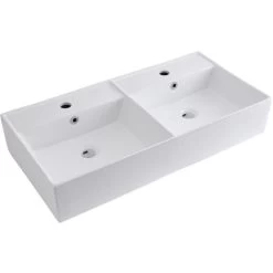 Milano Dalton - Modern White Ceramic Rectangular Countertop Wall Mounted Bathroom Double Basin Sink – 820mm X 420mm