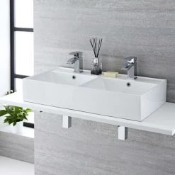 Milano Dalton - Modern White Ceramic Rectangular Countertop Wall Mounted Bathroom Double Basin Sink – 820mm X 420mm -Comfort Bathroom Store 15473690 4