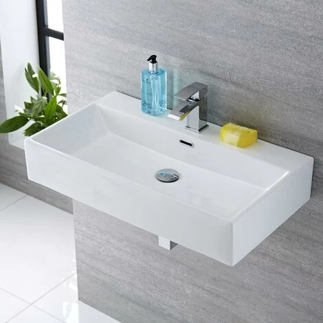 Milano Elswick - Modern White Ceramic Rectangular Countertop Or Wall Mounted Bathroom Basin Sink – 750mm X 420mm 5 Milano Elswick - Modern White Ceramic Rectangular Countertop Or Wall Mounted Bathroom Basin Sink – 750mm X 420mm - Image 3