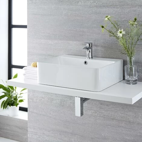 Milano Farington - Modern 520mm X 420mm White Ceramic Rectangular Countertop Wall Mounted Hung Bathroom Basin Sink – Basin Only 6 Milano Farington - Modern 520mm X 420mm White Ceramic Rectangular Countertop Wall Mounted Hung Bathroom Basin Sink – Basin Only - Image 4