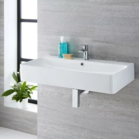 Milano Farington - Modern 800mm X 415mm White Ceramic Rectangular Countertop Wall Mounted Hung Bathroom Basin Sink – Basin Only 4 Milano Farington - Modern 800mm X 415mm White Ceramic Rectangular Countertop Wall Mounted Hung Bathroom Basin Sink – Basin Only - Image 2