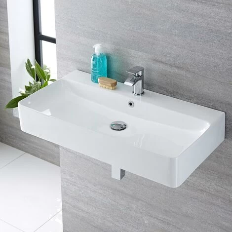 Milano Farington - Modern 800mm X 415mm White Ceramic Rectangular Countertop Wall Mounted Hung Bathroom Basin Sink – Basin Only 5 Milano Farington - Modern 800mm X 415mm White Ceramic Rectangular Countertop Wall Mounted Hung Bathroom Basin Sink – Basin Only - Image 3