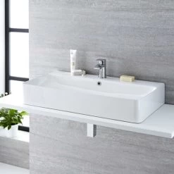 Milano Farington - Modern 800mm X 415mm White Ceramic Rectangular Countertop Wall Mounted Hung Bathroom Basin Sink – Basin Only 10 Milano Farington - Modern 800mm X 415mm White Ceramic Rectangular Countertop Wall Mounted Hung Bathroom Basin Sink – Basin Only -Comfort Bathroom Store 15473696 4