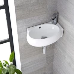 Milano Irwell - Modern 400mm X 280mm White Ceramic Oval Wall Hung Corner Bathroom Basin Sink - Basin Only -Comfort Bathroom Store 15473699 3