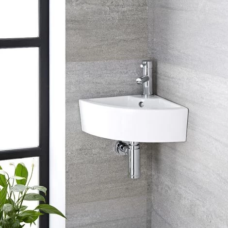 Milano Newby - Modern 460mm X 320mm White Ceramic Wall Hung Corner Bathroom Basin Sink – Basin Only 5 Milano Newby - Modern 460mm X 320mm White Ceramic Wall Hung Corner Bathroom Basin Sink – Basin Only - Image 3