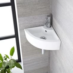 Milano Newby - Modern 460mm X 320mm White Ceramic Wall Hung Corner Bathroom Basin Sink – Basin Only 10 Milano Newby - Modern 460mm X 320mm White Ceramic Wall Hung Corner Bathroom Basin Sink – Basin Only -Comfort Bathroom Store 15473702 4