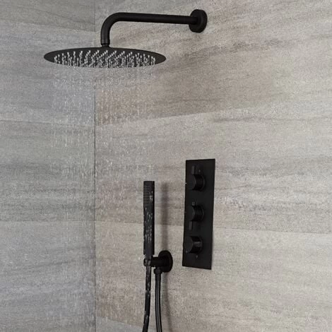 Milano Nero - Modern 2 Outlet Triple Thermostatic Mixer Shower Valve With 300mm Wall Mounted Round Rainfall Shower Head And Hand Shower Handset Kit - Black 4 Milano Nero - Modern 2 Outlet Triple Thermostatic Mixer Shower Valve With 300mm Wall Mounted Round Rainfall Shower Head And Hand Shower Handset Kit - Black - Image 2