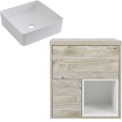 Milano Bexley - Light Oak 600mm Wall Hung Bathroom Vanity Unit With Countertop Basin - Square Basin (No LED Lights)