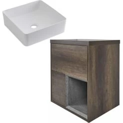 Milano Bexley - Dark Oak 600mm Wall Hung Bathroom Vanity Unit With Countertop Basin - Square Basin (No LED Lights)