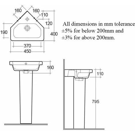 RAK Resort Corner Basin And Full Pedestal 450mm Wide - 1 Tap Hole 4 RAK Resort Corner Basin And Full Pedestal 450mm Wide - 1 Tap Hole - Image 2
