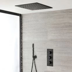 Milano Nero - Modern Black Concealed Triple Thermostatic Mixer Shower Valve With 400mm Square Ceiling Mounted Recessed Rainfall Shower Head And Hand Shower Handset Kit -Comfort Bathroom Store 15877032 2