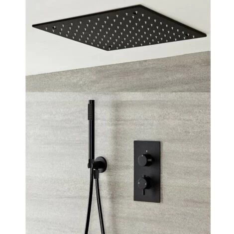 Milano Nero - Modern Black Concealed Twin Diverter Thermostatic Mixer Shower Valve With 400mm Square Ceiling Mounted Recessed Rainfall Shower Head And Hand Shower Handset Kit 3 Milano Nero - Modern Black Concealed Twin Diverter Thermostatic Mixer Shower Valve With 400mm Square Ceiling Mounted Recessed Rainfall Shower Head And Hand Shower Handset Kit