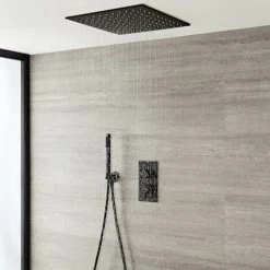 Milano Nero - Modern Black Concealed Twin Diverter Thermostatic Mixer Shower Valve With 400mm Square Ceiling Mounted Recessed Rainfall Shower Head And Hand Shower Handset Kit 8 Milano Nero - Modern Black Concealed Twin Diverter Thermostatic Mixer Shower Valve With 400mm Square Ceiling Mounted Recessed Rainfall Shower Head And Hand Shower Handset Kit -Comfort Bathroom Store 15877061 2