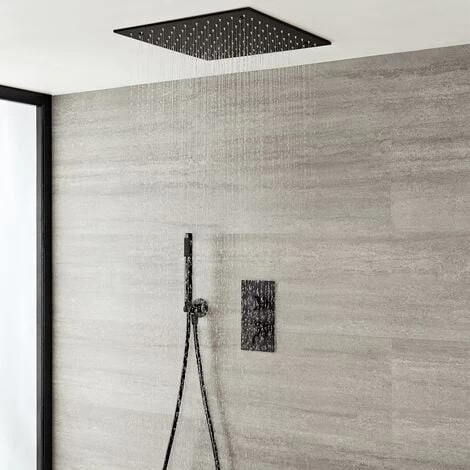 Milano Nero - Modern Black Concealed Twin Diverter Thermostatic Mixer Shower Valve With 400mm Square Ceiling Mounted Recessed Rainfall Shower Head And Hand Shower Handset Kit 4 Milano Nero - Modern Black Concealed Twin Diverter Thermostatic Mixer Shower Valve With 400mm Square Ceiling Mounted Recessed Rainfall Shower Head And Hand Shower Handset Kit - Image 2