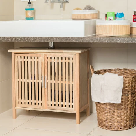 Relaxdays Under-Sink Cabinet Free Standing, Small Walnut Cupboard, Bathroom Wash Basin With Siphon Cut-Out, Natural 4 Relaxdays Under-Sink Cabinet Free Standing, Small Walnut Cupboard, Bathroom Wash Basin With Siphon Cut-Out, Natural - Image 2