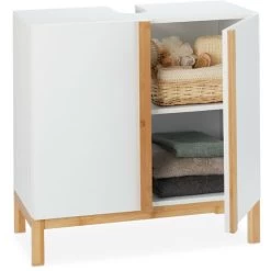 Relaxdays Bathroom Floor Cabinet, 2 Shelves, Bathroom Cupboard, MDF & Bamboo, HWD 60.5x60x30.5cm, White & Brown