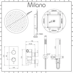 Milano Mirage - Modern 2 Outlet Twin Diverter Thermostatic Mixer Shower Valve With Ceiling Mounted 400mm Round Recessed Rainfall Shower Head And Hand Shower Handset Kit - Chrome -Comfort Bathroom Store 16594513 5