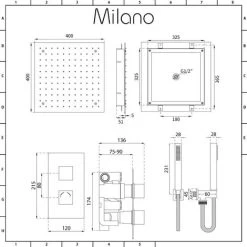 Milano Arvo - Modern 2 Outlet Twin Diverter Thermostatic Mixer Shower Valve With 400mm Ceiling Mounted Square Recessed Rainfall Shower Head And Hand Shower Handset Kit - Chrome -Comfort Bathroom Store 16594526 5