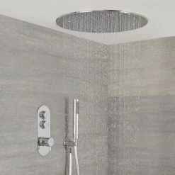 Milano Orta - Modern Two Outlet Push Button Thermostatic Shower Mixer Valve With 400mm Round Ceiling Mounted Recessed Rainfall Shower Head And Hand Shower Handset Kit - Chrome -Comfort Bathroom Store 16594549 2