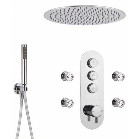 Milano Orta - Modern Three Outlet Push Button Thermostatic Shower Mixer Valve With 400mm Ceiling Mounted Round Rainfall Shower Head&44 Hand Shower Handset Kit And Body Jets - Chrome 3 Milano Orta - Modern Three Outlet Push Button Thermostatic Shower Mixer Valve With 400mm Ceiling Mounted Round Rainfall Shower Head&44 Hand Shower Handset Kit And Body Jets - Chrome