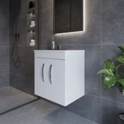 Nuie Athena Wall Hung 2-Door Vanity Unit And Worktop 500mm Wide - Gloss White