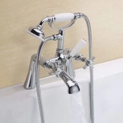 Edwardian Traditional Style Chrome Deck Mounted Bath Shower Mixer Tap With Handheld Kit