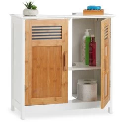 Relaxdays Basin Vanity Unit, Bamboo Doors, Height-Adjustable Shelf, Siphon Cut-Out, HWD: 60x60x30cm, Natural/White