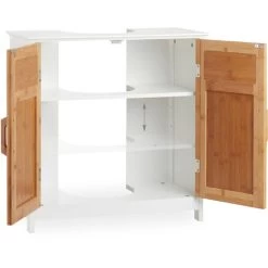 Relaxdays Basin Vanity Unit, Bamboo Doors, Height-Adjustable Shelf, Siphon Cut-Out, HWD: 60x60x30cm, Natural/White -Comfort Bathroom Store 17009515 3