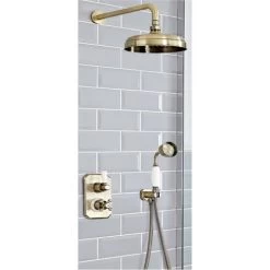 Milano Elizabeth - Traditional 2 Outlet Twin Diverter Thermostatic Mixer Shower Valve With Hand Shower Handset And Round Rainfall Shower Head - Brushed Gold