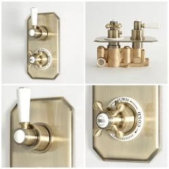 Milano Elizabeth - Traditional 2 Outlet Twin Diverter Thermostatic Mixer Shower Valve With Hand Shower Handset And Round Rainfall Shower Head - Brushed Gold -Comfort Bathroom Store 17034838 4