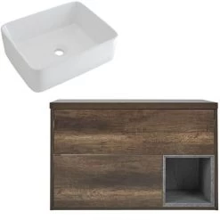 Milano Bexley - Dark Oak 1000mm Wall Hung Bathroom Vanity Unit With Countertop Basin - Rectangular Basin (With LED Light)