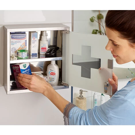 Deuba® Medicine Cabinet Wall Mounted First Aid Lockable Glass Steel Cupboard Box 2 Compartments 4 Deuba® Medicine Cabinet Wall Mounted First Aid Lockable Glass Steel Cupboard Box 2 Compartments - Image 2