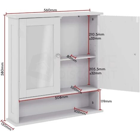 Priano 2 Door Bathroom Cabinet With Shelf Mirrored Wall Mounted Cabinet, White 5 Priano 2 Door Bathroom Cabinet With Shelf Mirrored Wall Mounted Cabinet, White - Image 3