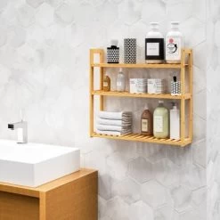 Freestanding Wooden Bamboo Rack 3 Tier Height-adjustable 54x60x15cm Bathroom Living Room Kitchen Wood -Comfort Bathroom Store 18456694 4