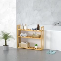 Freestanding Wooden Bamboo Rack 3 Tier Height-adjustable 54x60x15cm Bathroom Living Room Kitchen Wood -Comfort Bathroom Store 18456694 5