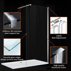 ELEGANT 1100mm Frameless Wet Room Shower Screen Panel 8mm Easy Clean Glass Walk In Shower Enclosure With Support Bar -Comfort Bathroom Store 18459092 4