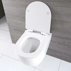 Milano Overton - White Ceramic Modern Bathroom Wall Hung Round Rimless Toilet WC With Soft Close Seat -Comfort Bathroom Store 19091963 3