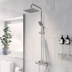 Thermostatic Mixer Shower Set Square Chrome Twin Head Exposed -Comfort Bathroom Store 19847708 3
