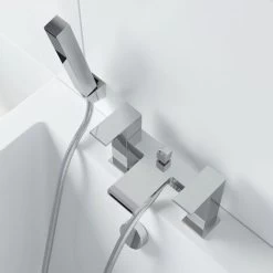 Modern Waterfall Shower Bath Mixer Tap Brass Square Handset Twin Levers Chrome -Comfort Bathroom Store 23631922 3