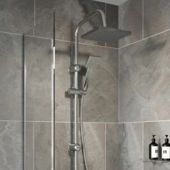 Bathroom Shower Kit Adjust Riser Rail Hose Twin Shower Heads Chrome Square Set