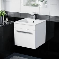 Wall Hung Gloss White 1 Drawer Vanity Unit Cabinet With Ceramic Sink Basin