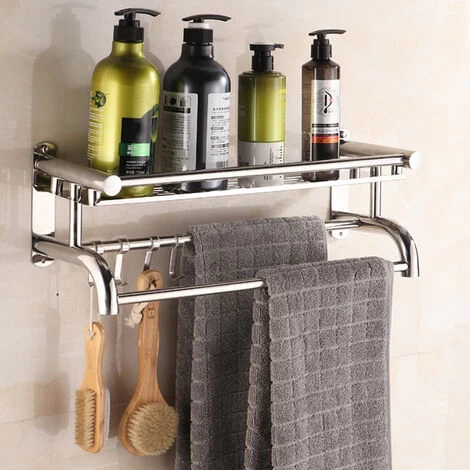 Livingandhome Wall Mounted Bath Towel Rail Bathroom Shelf Holder With Hooks 3 Livingandhome Wall Mounted Bath Towel Rail Bathroom Shelf Holder With Hooks