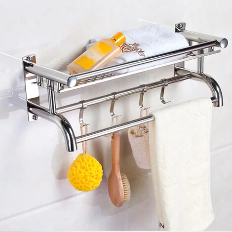 Livingandhome Wall Mounted Bath Towel Rail Bathroom Shelf Holder With Hooks 4 Livingandhome Wall Mounted Bath Towel Rail Bathroom Shelf Holder With Hooks - Image 2