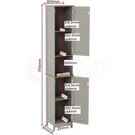 Priano 2 Door Tallboy Freestanding Bathroom Cabinet Cupboard, Grey 5 Priano 2 Door Tallboy Freestanding Bathroom Cabinet Cupboard, Grey - Image 3