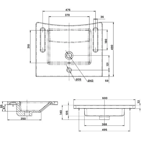AKW Onyx Ergonomic Wall Hung Basin With Hand Grip Support 600mm Wide - 1 Tap Hole 4 AKW Onyx Ergonomic Wall Hung Basin With Hand Grip Support 600mm Wide - 1 Tap Hole - Image 2