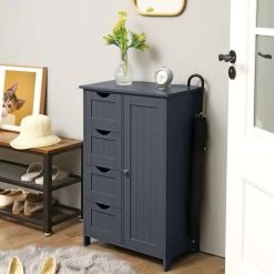 VASAGLE Bathroom Floor Storage Cabinet, Wooden Storage Unit With 4 Drawers, Single Door, Adjustable Shelf, For Living Room, Kitchen, Entryway, Grey By SONGMICS LHC41GY -Comfort Bathroom Store 23986352 3